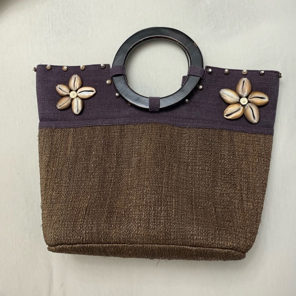 Vintage Straw Seashell Brown Tote - Picture 2 of 4